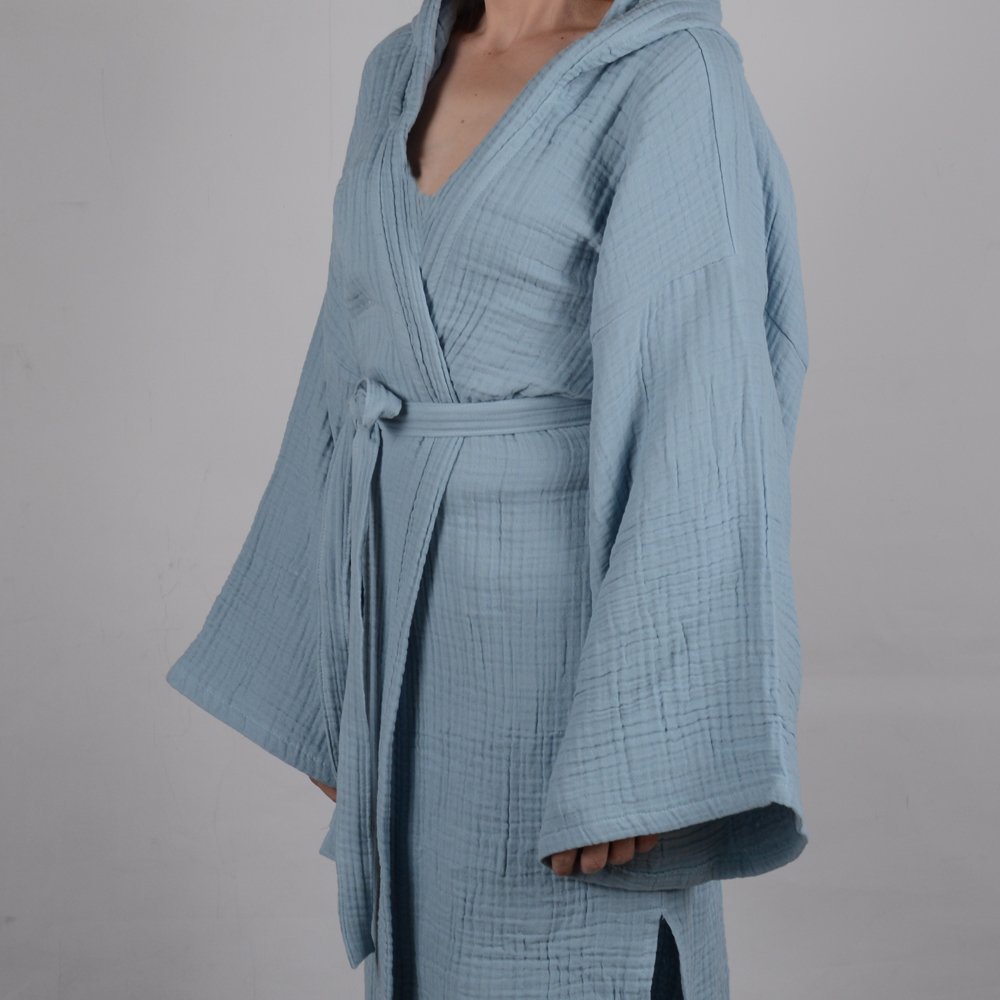 Kapüşonlu Müslin Bornoz Mavi