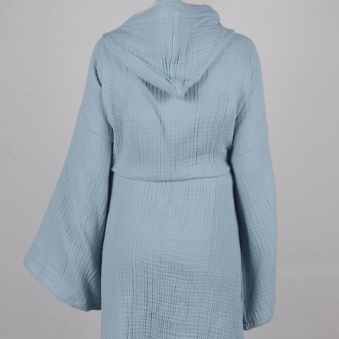 Kapüşonlu Müslin Bornoz Mavi