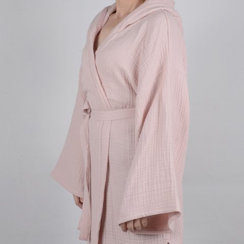 Kapüşonlu Müslin Bornoz Pembe