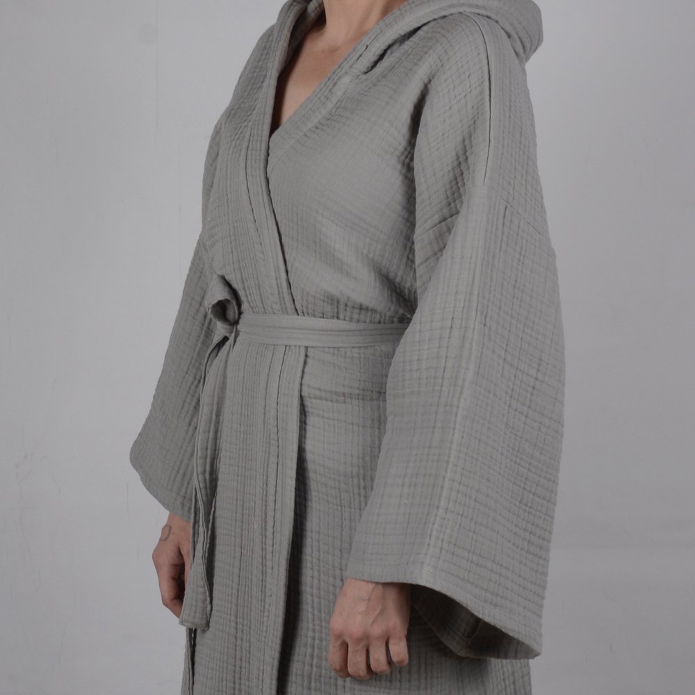 Kapüşonlu Müslin Bornoz Gri