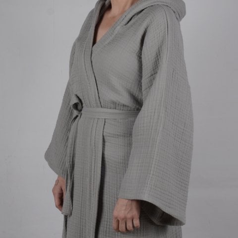 Kapüşonlu Müslin Bornoz Gri