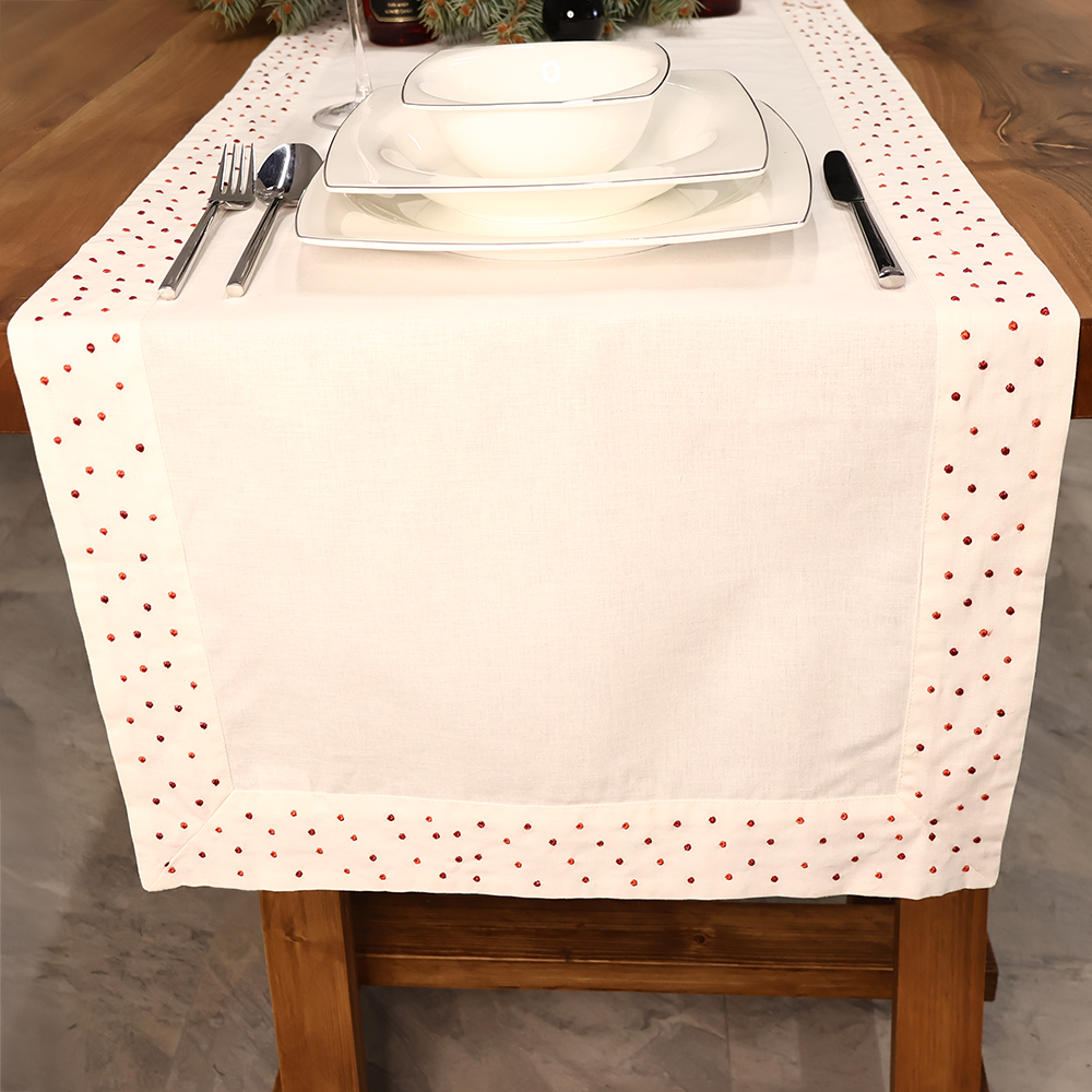 Spots Keten Runner Doğal Dokulu Şık Masa Örtüsü Masa Tekstili