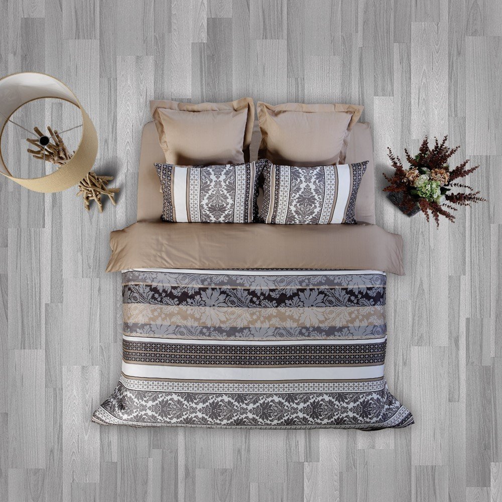 %100 Pamuk Saten Retro  Nevresim Takımı Bej - Tek Kişilik - Fitted Çarşaf