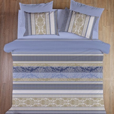 %100 Pamuk Saten Retro  Nevresim Takımı Mavi - Tek Kişilik - Fitted Çarşaf