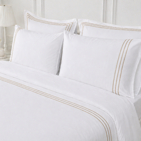 80 Tel İplik %100 Pamuk Saten Classic Trio Nevresim Takımı Pudra - King Size - Düz Çarşaf