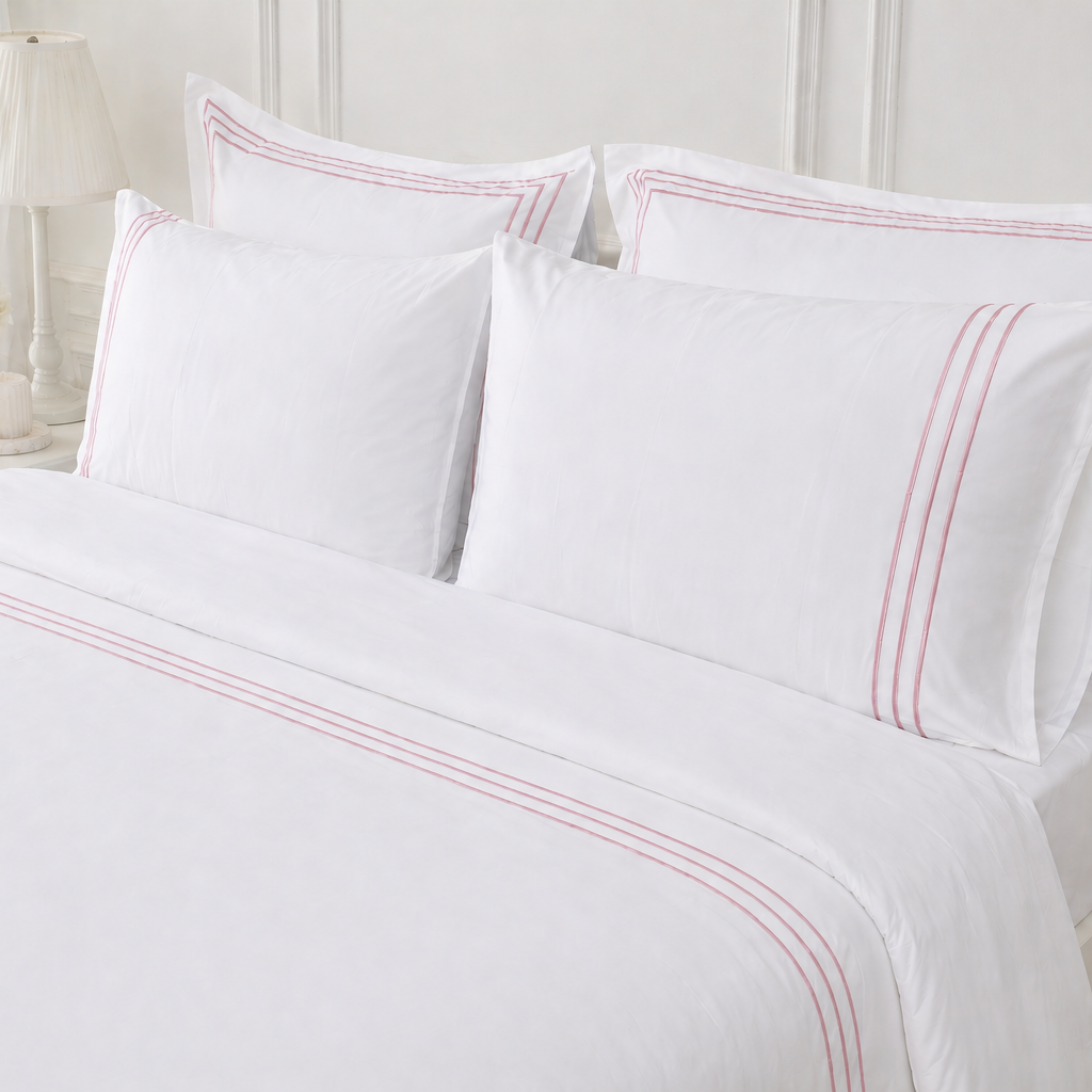 80 Tel İplik %100 Pamuk Saten Classic Trio Nevresim Takımı Pudra - King Size - Fitted Çarşaf