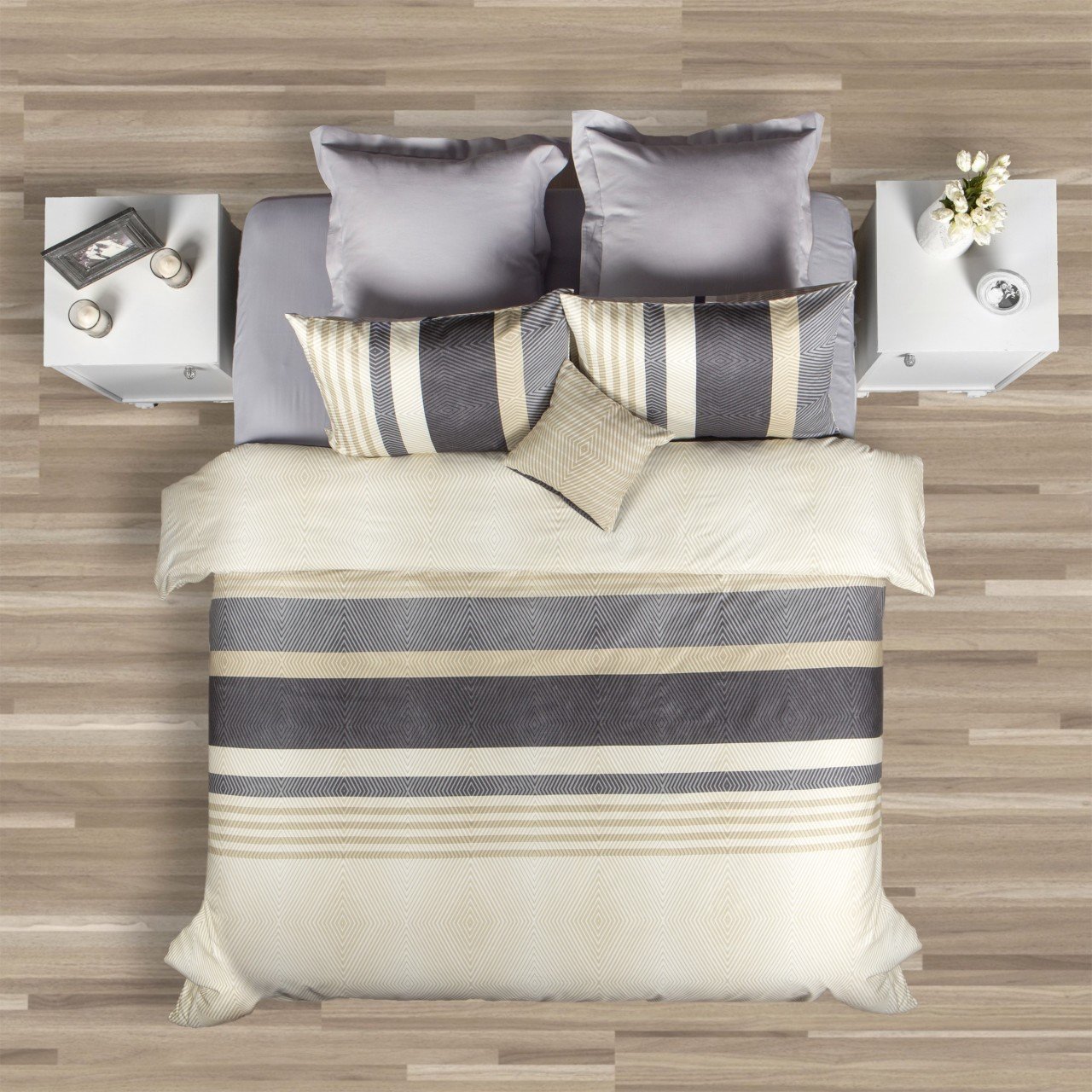 %100 Pamuk Saten Chris  Nevresim Takımı Bej - Tek Kişilik - Düz Çarşaf