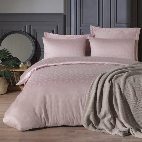 120 Tel İplik %100 Pamuk Saten Tüy Beyaz Jakar  Nevresim Takımı Pudra - Çift Kişilik - Düz Çarşaf