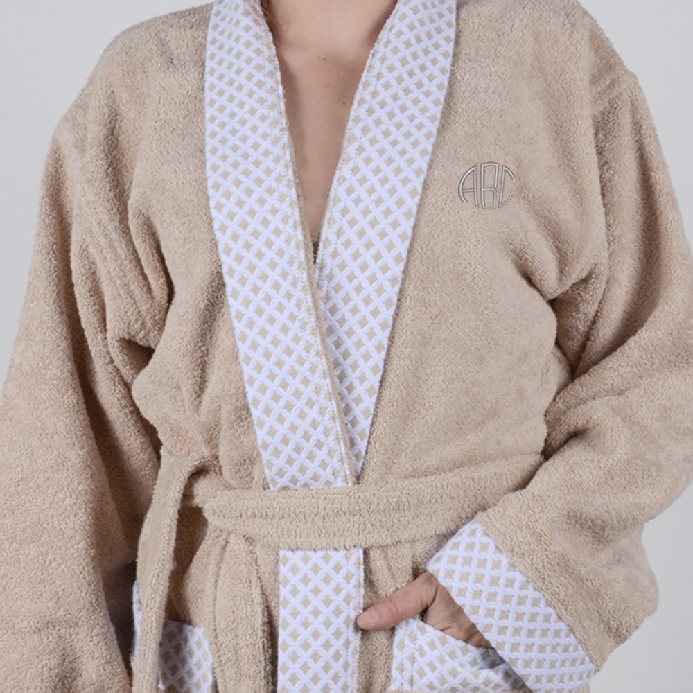 Kişiye Özel Nakışlı Beyaz Yaka Kimono Bornoz Seti L-XL - Bej