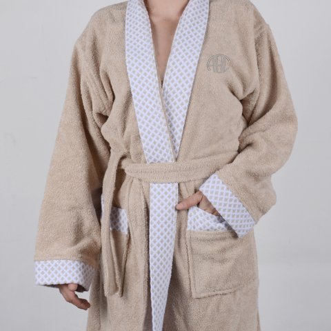 Kişiye Özel Nakışlı Beyaz Yaka Kimono Bornoz Seti S-M - Bej