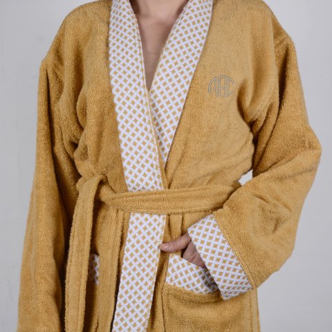 Kişiye Özel Nakışlı Beyaz Yaka Kimono Bornoz Seti L-XL - Hardal