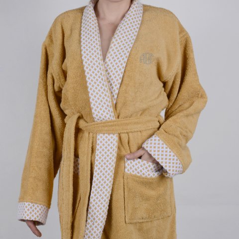 Kişiye Özel Nakışlı Beyaz Yaka Kimono Bornoz Seti L-XL - Hardal