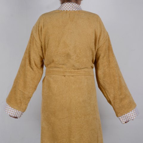 Kişiye Özel Nakışlı Beyaz Yaka Kimono Bornoz Seti L-XL - Hardal