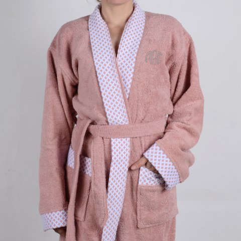 Kişiye Özel Nakışlı Beyaz Yaka Kimono Bornoz Seti L-XL - Pudra