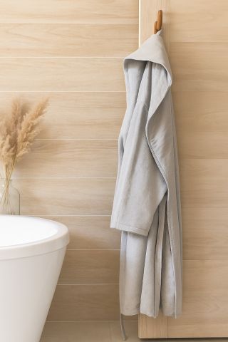 Keten Yakalı Bornoz ve Bas Havlusu S-M - Gri