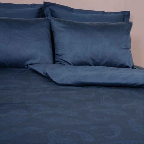 120 Tel İplik %100 Pamuk Saten Şal Jakar  Nevresim Takımı Lacivert - King Size - Düz Çarşaf