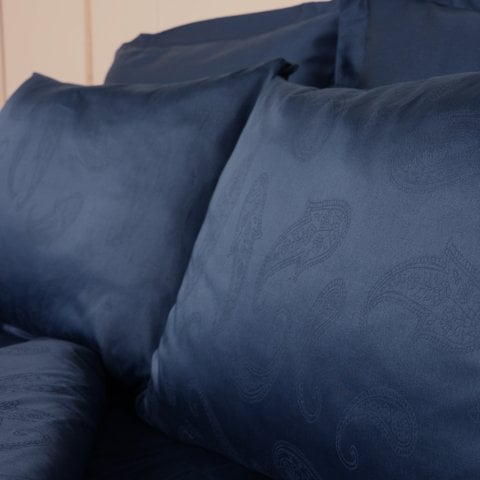 120 Tel İplik %100 Pamuk Saten Şal Jakar  Nevresim Takımı Lacivert - King Size - Fitted Çarşaf