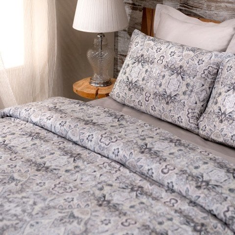 %100 Pamuk Saten Vintage  Nevresim Takımı Gri - Tek Kişilik - Fitted Çarşaf