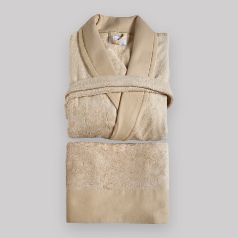 Keten Yakalı Bornoz ve Bas Havlusu L-XL - Bej