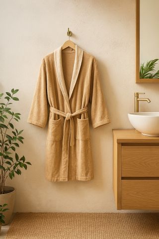 Keten Yakalı Bornoz ve Bas Havlusu L-XL - Bej