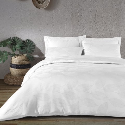 120 Tel İplik %100 Pamuk Saten Yaprak Jakarlı Saten Çift Kişilik Nevresim Takımı Beyaz - Çift Kişilik - Düz Çarşaf