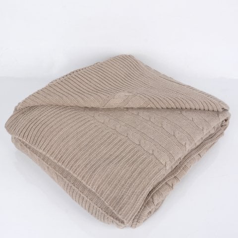 Bej Akrilik Çift Kişilik Koltuk Şalı 210x220 Özel Örgü Çift Taraflı Battaniye