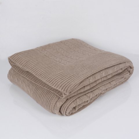 Bej Akrilik Çift Kişilik Koltuk Şalı 210x220 Özel Örgü Çift Taraflı Battaniye